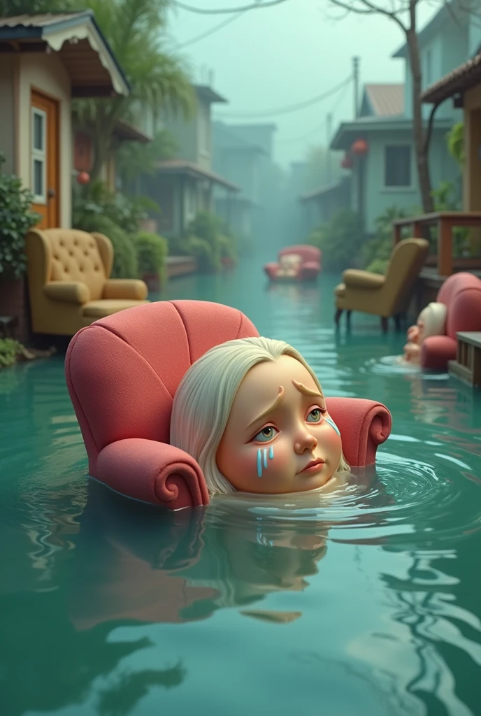 (Photorealism:1.2), gamba cartoon furniture crying and floating due to flood and house crying sinking