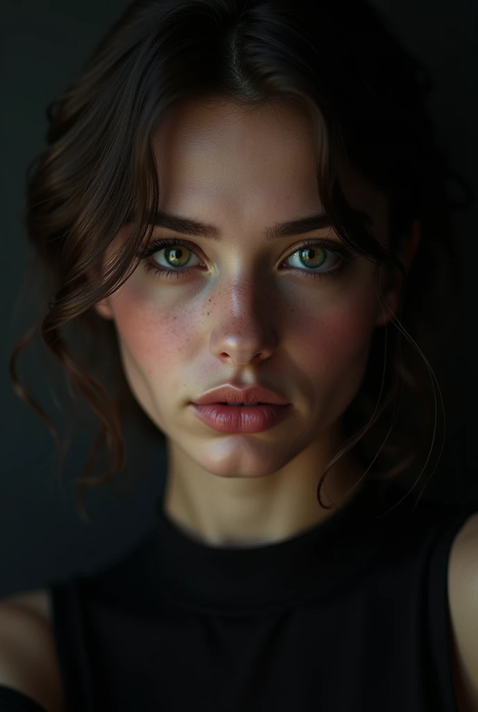 woman 20 years young, European, face closeup,
([Milla( :0)Jovovich|jodi taylor|charli( :0)xcx]:0.9), 
hard shadows portrait dark,
highres, high quality, high resolution, hd, 4k, masterpiece, realistic,