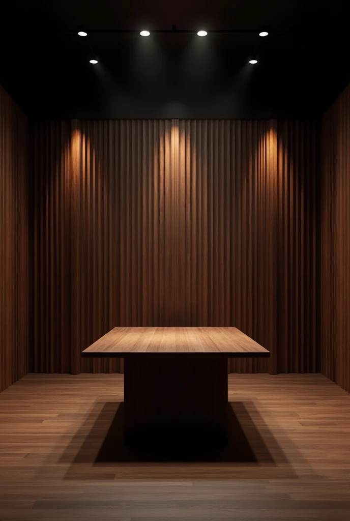 I need you to make a video recording studio with some dark wood slats and a table that matches that color.