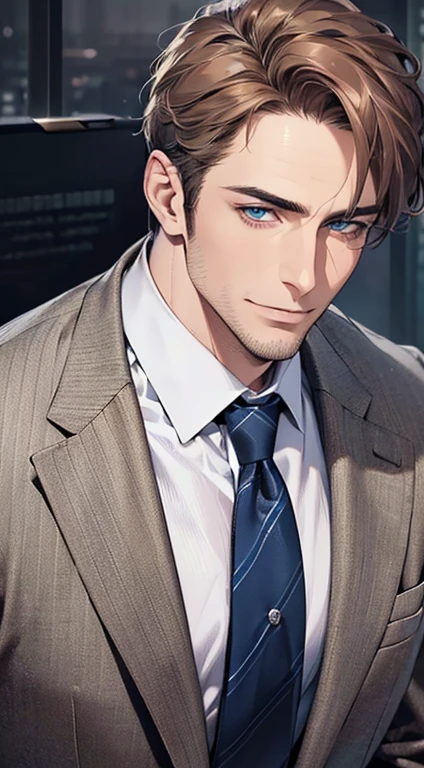 (best quality,4k,8k,highres,masterpiece:1.2),ultra-detailed,(realistic,photorealistic,photo-realistic:1.37),1 man,3,mature man,very handsome,without expression,smile,short grey brown hair,blue eyes,penetrating gaze,perfect face without errors,imposing posture,businessman,office background,cinematic lighting,hdr image