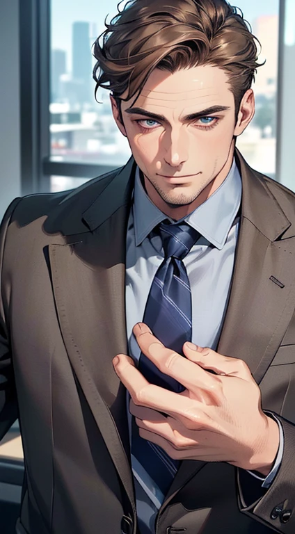 (best quality,4k,8k,highres,masterpiece:1.2),ultra-detailed,(realistic,photorealistic,photo-realistic:1.37),1 man,3,mature man,very handsome,without expression,smile,short grey brown hair,blue eyes,penetrating gaze,perfect face without errors,imposing posture,businessman,office background,cinematic lighting,hdr image