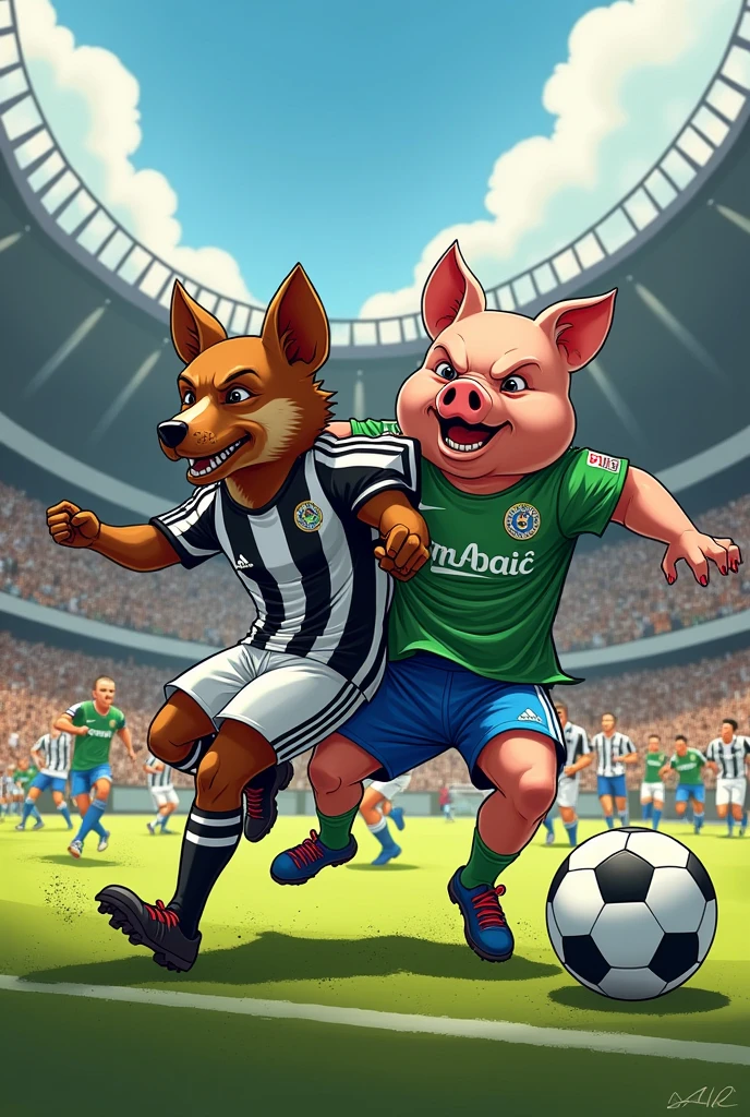 Bira the dog in the black and white Botafogo uniform killing the pig in the Palmeiras team uniform 