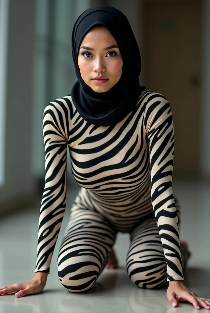 A thin and beautiful asian muslimah muslim woman with beautiful lips and beautiful cheeks wears zebra print lycra turtleneck unitard catsuit.She always wear cotton zebra print hijab.She is my favourite best beautiful teacher.She is crawling.
