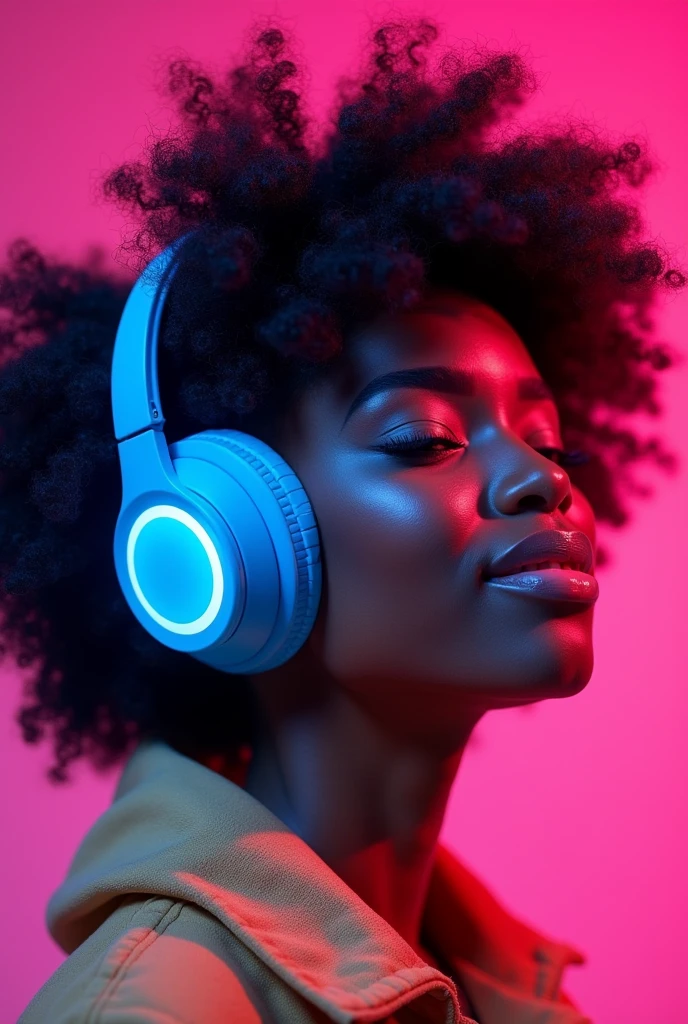 Create an image with a pink background of an 18-year-old black girl with huge neon blue headphones listening to music
