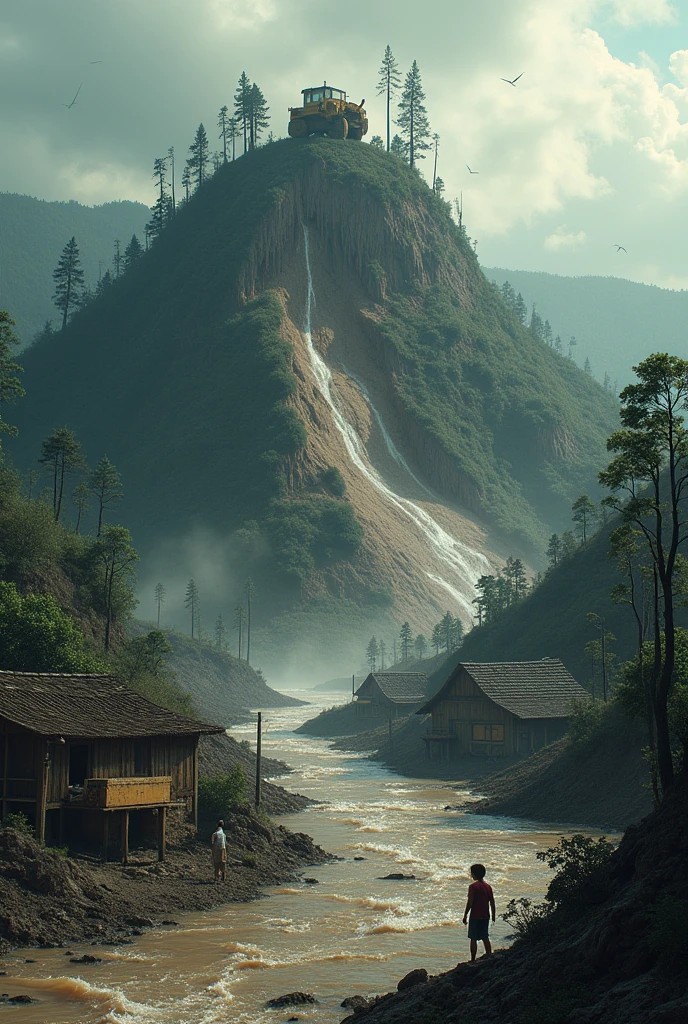 Picture a town located at the foot of a hill devoid of vegetation and life due to deforestation. At the top, the hill shows a landslide that destroyed the houses below it. Around the hill, put an image of a bulldozer cutting down trees, trees that have been cut down, and barren land. At the bottom, add the image of muddy water flowing from the hills to the luxurious city, causing floods that destroy human habitations. Images of people who are helpless in the face of this disaster can be shown in a state of panic or trying to save themselves and their property. Guna technique mortalism