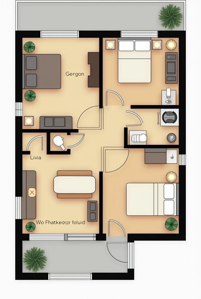 Create for me a plan of a house with a living room, a kitchen, a bathroom and two bedrooms 