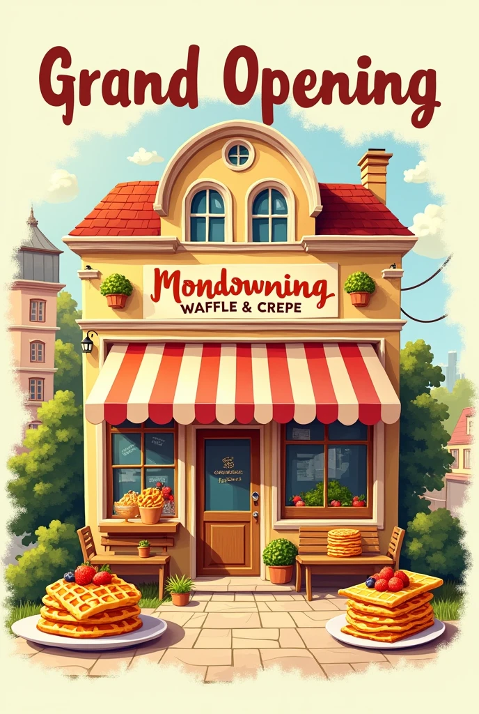 Create a flyer that says grand opening, for my waffle and crepe shop