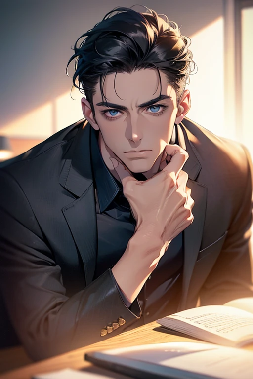 (Best Quality,4k,8k,high resolution,Masterpiece:1.2),ultra detailed,(realist,photorealist,photo-realist:1.37),1 man,31 years,mature man,very handsome,without expresion,muscled body,short gray black hair,Blue eyes,glare,perfect face without mistakes,imposing posture,businessman,office background,cinematic lighting,imagen HDR