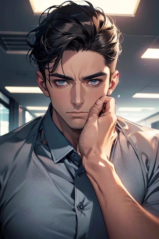 (Best Quality,4k,8k,high resolution,Masterpiece:1.2),ultra detailed,(realist,photorealist,photo-realist:1.37),1 man,31 years,mature man,very handsome,without expresion,muscled body,short gray black hair,Blue eyes,glare,perfect face without mistakes,imposing posture,businessman,office background,cinematic lighting,imagen HDR