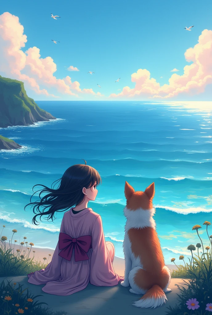 Anime animation looking at the sea with her dog companion