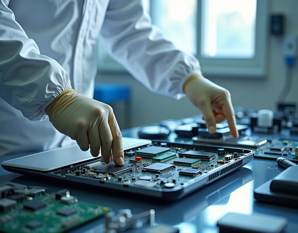 laptop repaired by tech in clean room showing the motherboard and others part