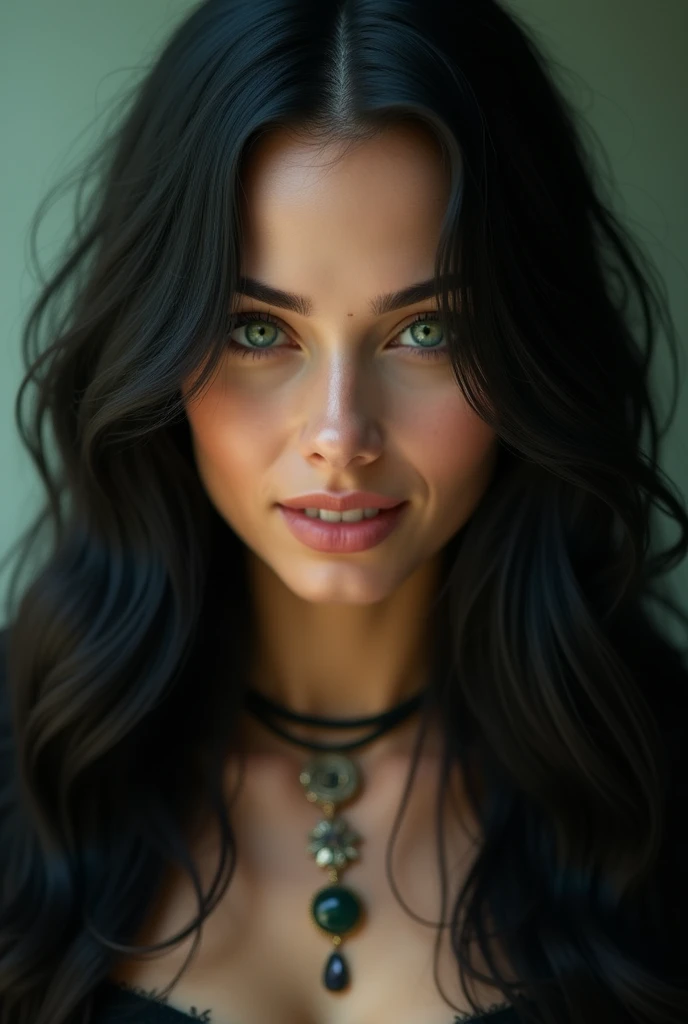 (Photorealism:1.2), Woman, About 30s, tanned light skin, clear green eyes, long black hair with waves, mystical air, seducing smile, involved with magic born in Romania, descendant of gypsies