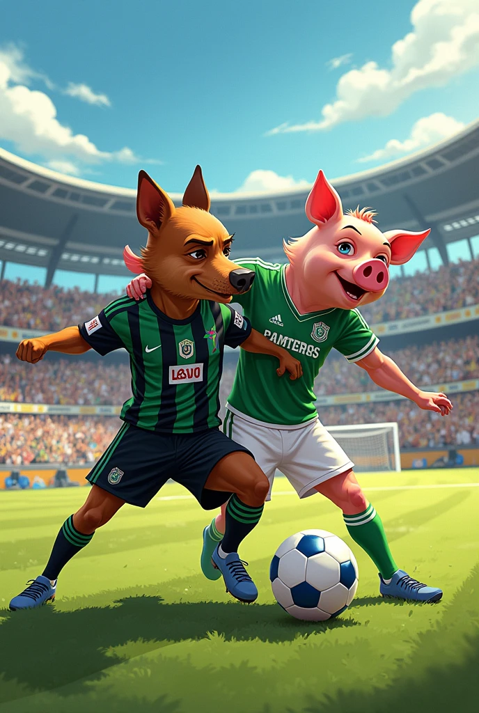 Bira the dog in the black and white Botafogo uniform killing the pig in the Palmeiras team uniform