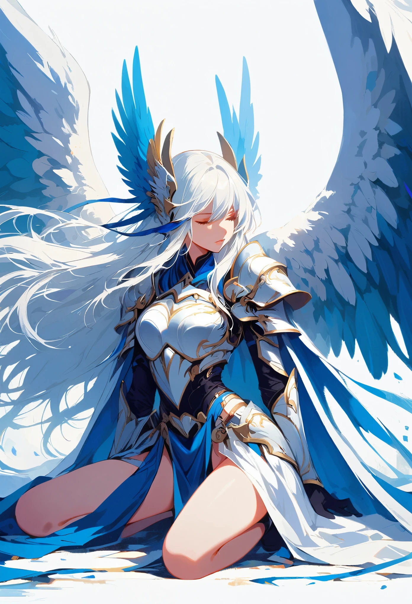 1girl angel angel_wings armor feathers_Long wing feathers_Hair Shoulder Armor Shoulder_Armor single piece_Upper wing separation_The body is white_Theme blue_Wings Wings