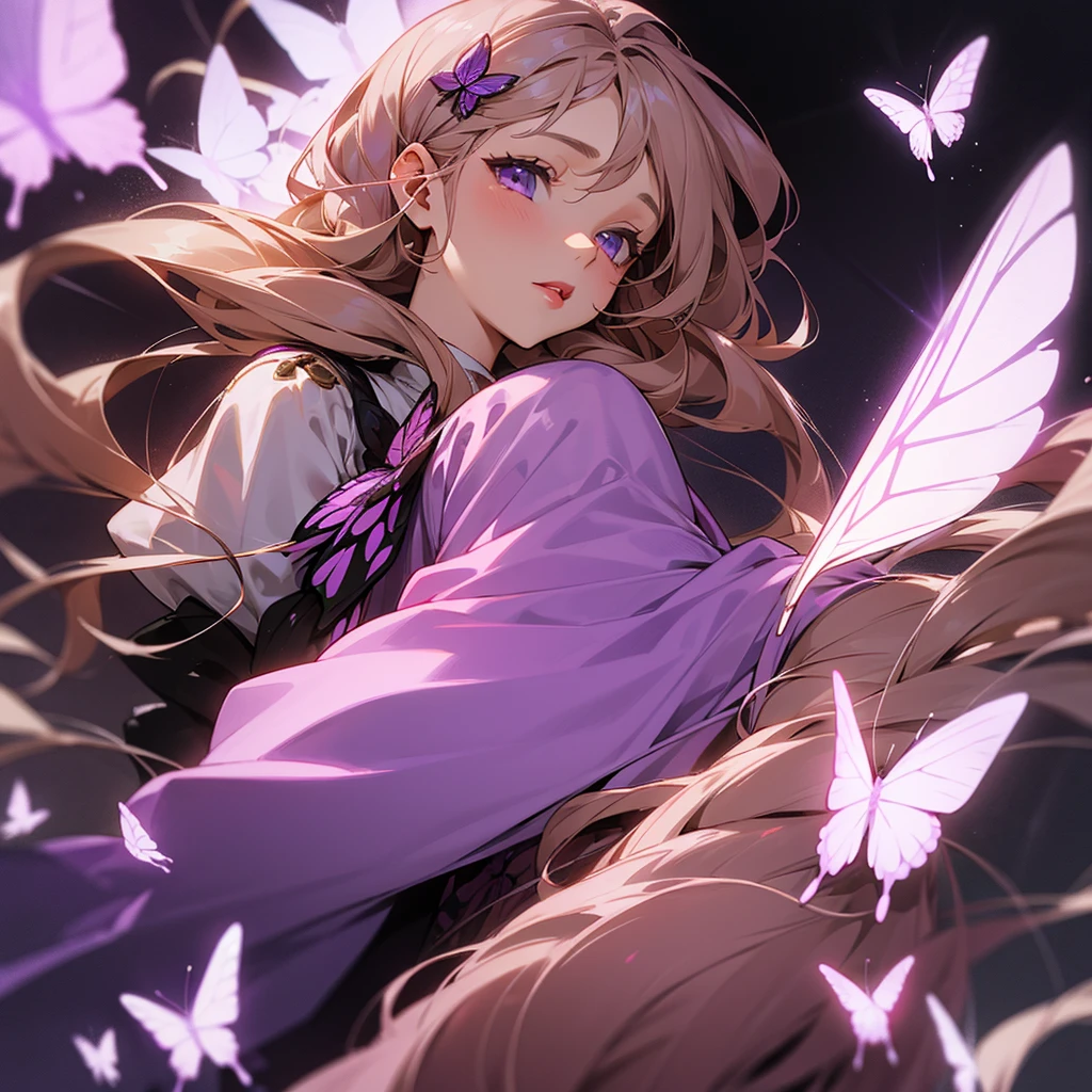 (Best Quality), 1 girl, Long straight hair, lilac colored eyes, light brown hair, soft red lipstick, Butterfly brooch on the right side of the head in purple and soft lilac