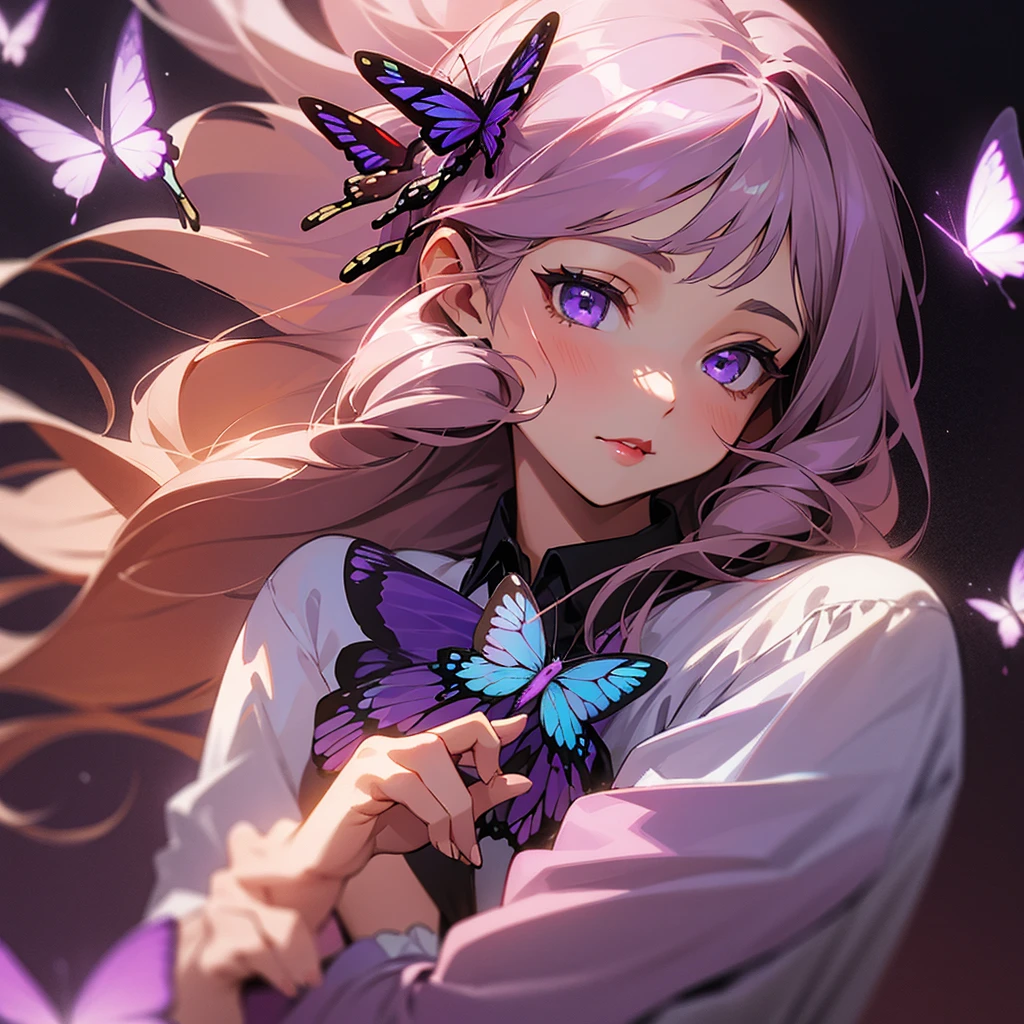 (Best Quality), 1 girl, Long straight hair, lilac colored eyes, light brown hair, soft red lipstick, Butterfly brooch on the right side of the head in purple and soft lilac