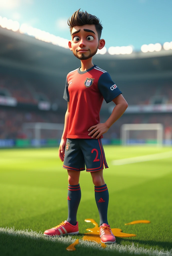 a soccer player,pee stain,Dripping to the ground