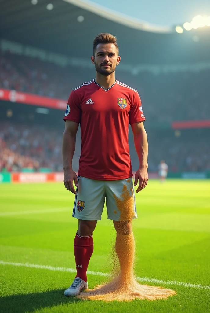 a soccer player,pee stain,Dripping to the ground