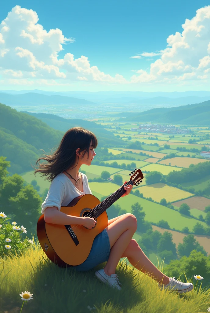 A 20age girl seating on heights of place playing guitar, looking under the city, farm , green view, feeling so cool, some hill under the girl, and blue sky syncing,