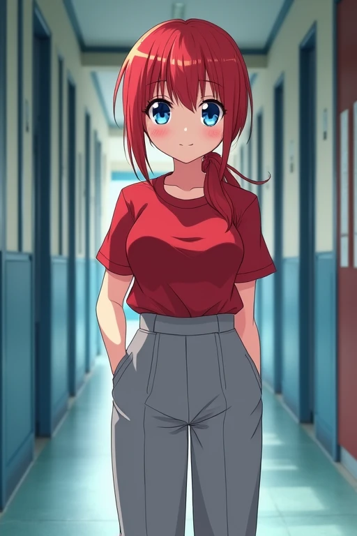 Anime Japanese female High school student Uniform Red hair Long hair Low ponytail Blue eyes Scarlet shirt Oversized light grey slacks Large breasts Big butt School hallway