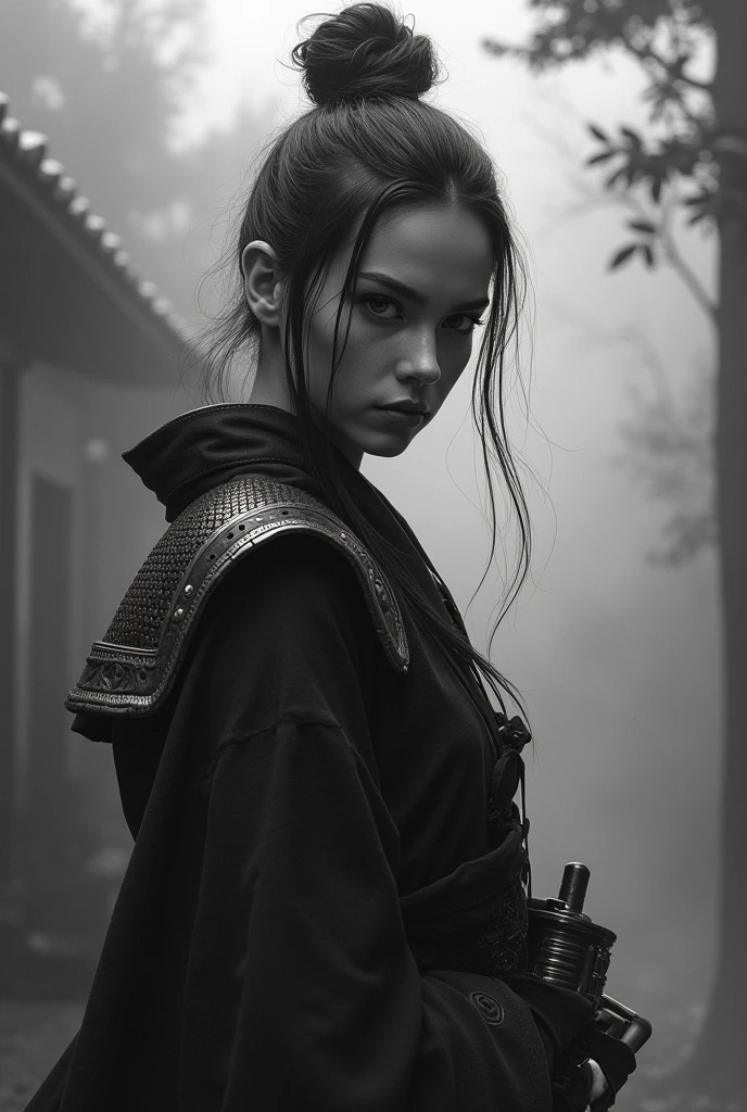  samurai girl, in the style of black and white realism, atmospheric impressionism, darkly romantic realism, pre-raphaelite realism, grainy, black and white photos, soft-focused realism --ar 36:61 --stylize 750 --v 6 