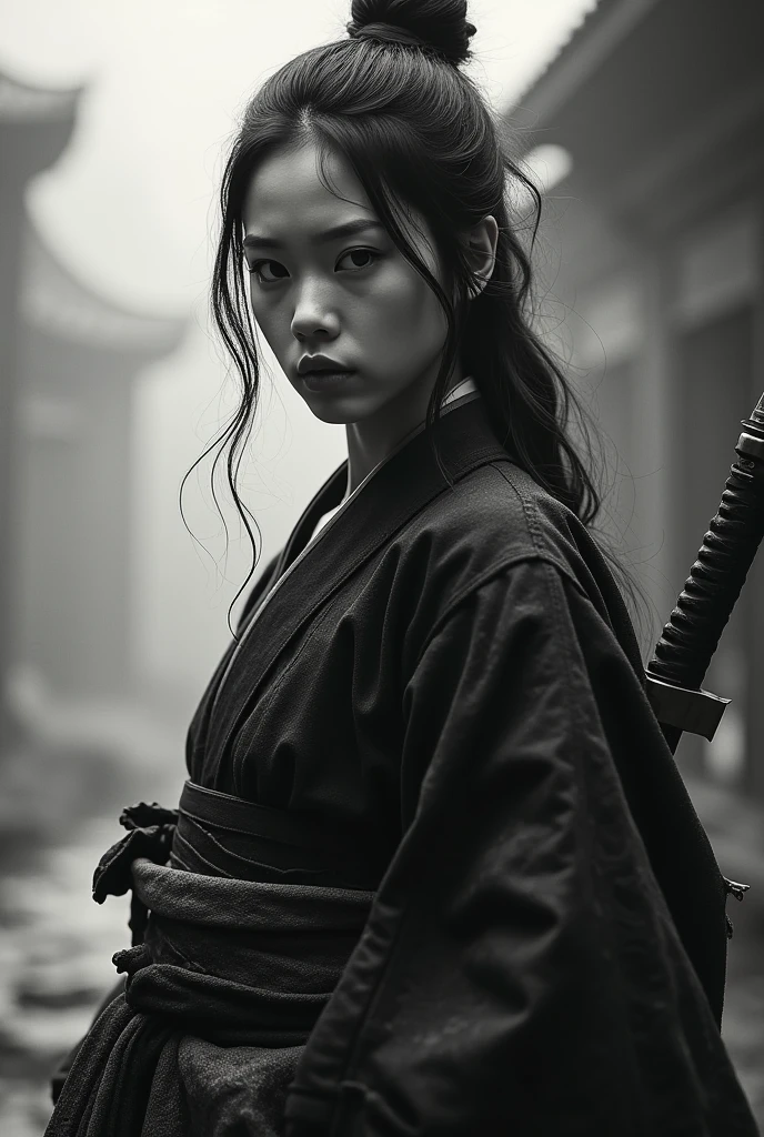samurai girl, in the style of black and white realism, atmospheric impressionism, darkly romantic realism, pre-raphaelite realism, grainy, black and white photos, soft-focused realism --ar 36:61 --stylize 750 --v 6