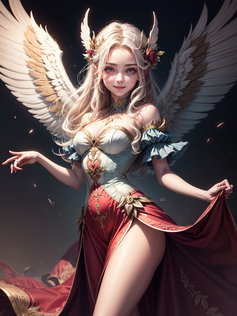an illustration depicting a fairy with wings and the words angel on it, 1girl, dress, solo, long hair, smile, looking at viewer, skirt hold , (best quality, masterpiece, ultra-detailed, illustration:1.2),(8K wallpaper),(beautiful detailed eyes:1.2), beautiful, amazing, detailed eyes, (detailed skin)