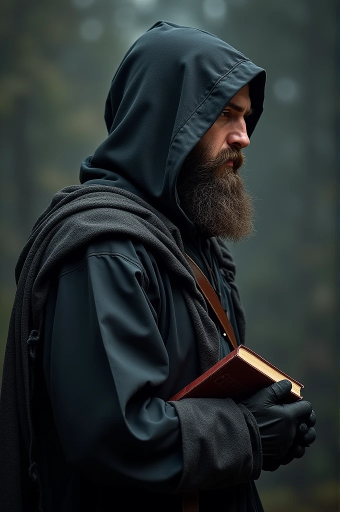 A strong bearded hooded man with a dark viking style holding a bible. profile pic