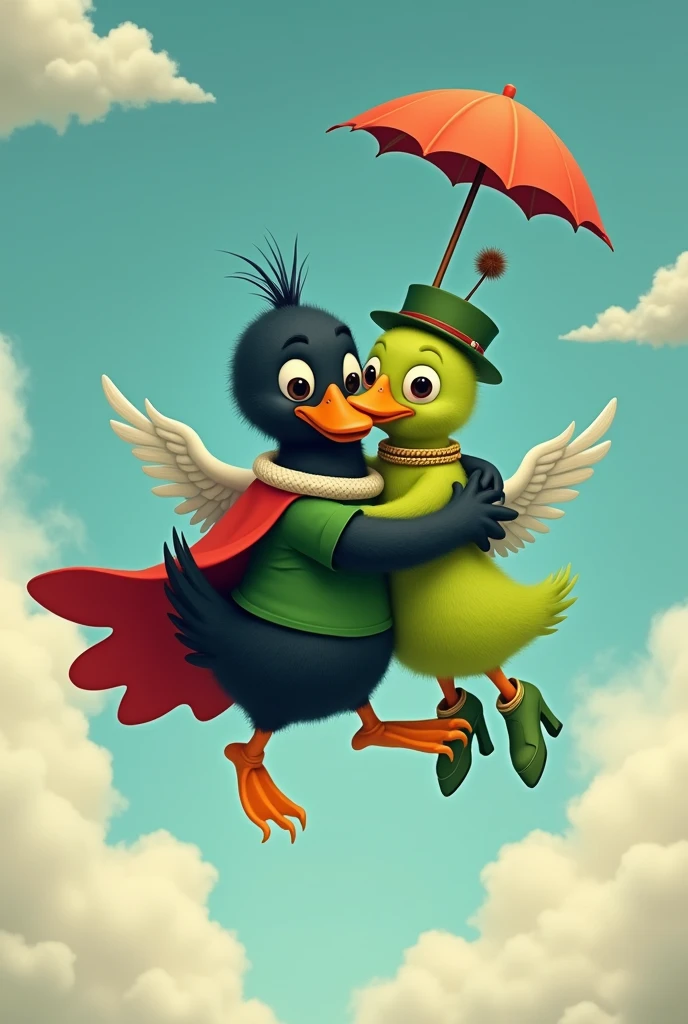 Imagine a black duck with a white ring on its neck and it is with a green bird with an umbrella on its head with a gold ring on its neck and funny shoes that are hugging each other. The duck puts on a green shirt, a green hat with a little antenna and flies away into the sky with a red cape.