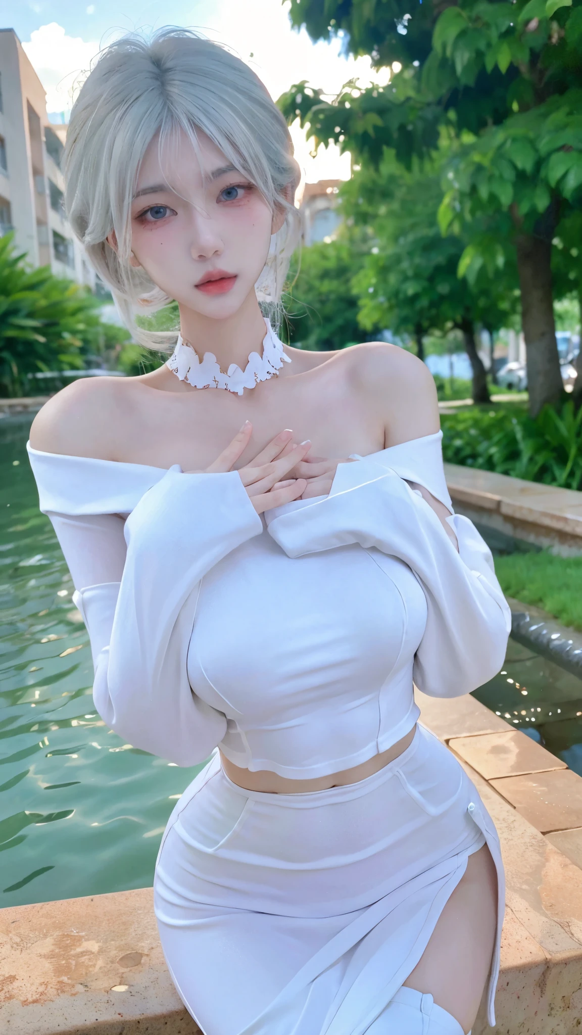 Beautiful woman with perfect figure:1.4，4K，Yoga background，Ultra-high resolution，Seductive laughter，White Legs，(Lifelike:1.4)，Layered hairstyle，White skin，Yoga Clothing，whole body，Very delicate face and skin texture，Double eyelids，Skin Whitening，White hair，