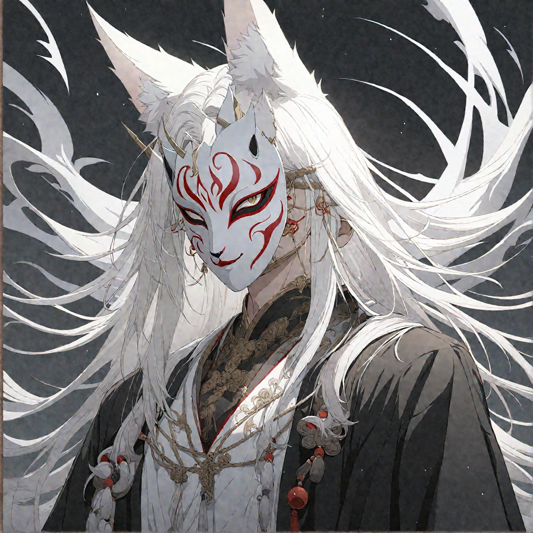 anime character with white hair and a white mask, white fox anime, with kitsune mask, onmyoji portrait, onmyoji detailed art, onmyoji, vampire white fox, kitsune mask on head, white haired deity, kitsune mask, white - haired fox, beautiful male god of death, kitsune, wearing a kitsune mask, amaterasu