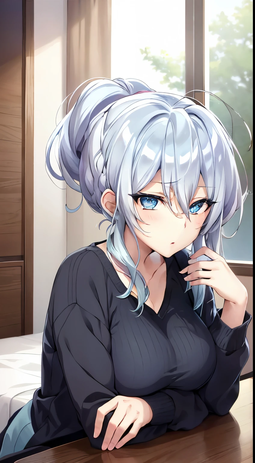 Yukino, in bed, silver hair and blue eyes, light shirt and no bra, anime visual of a cute girl, screenshot from the anime film, & her expression is solemn, in the anime film, in an anime, anime visual of a young woman, she has a cute expressive face, still from anime, big breast, red cheek, lustful face, fair skin
