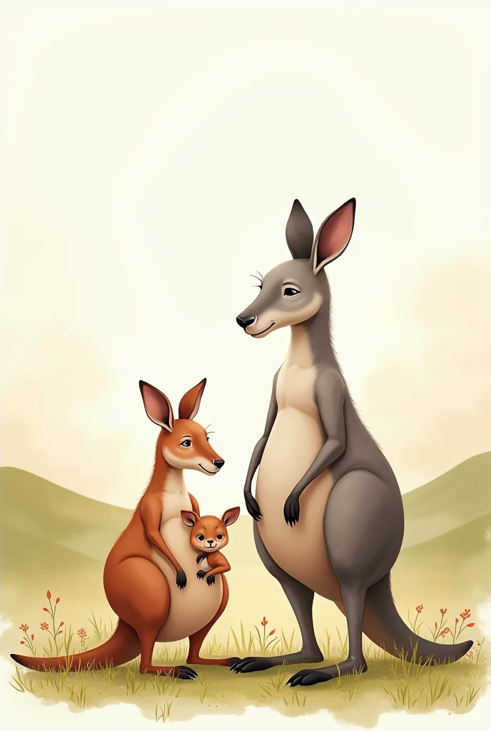 Daddy Kangaroo, mother kangaroo and baby kangaroo. Tender watercolor style