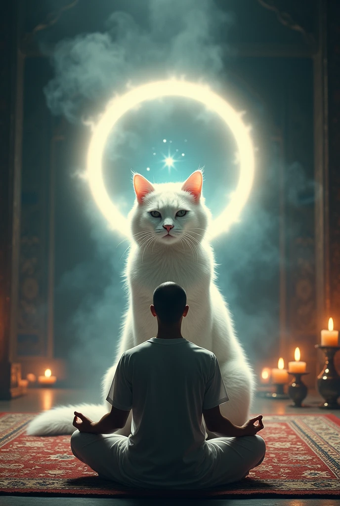 White cat on the floor on a rug surrounded by a lush mystical glowing circle around its head, in front of a man in meditation position room with candles incense