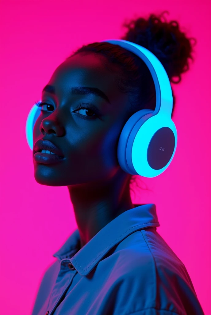 Create an image with a pink background of an 18-year-old black girl with huge neon blue headphones listening to music. looking forward. 