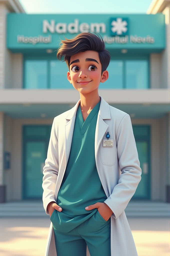 17 year old Indian boy wearing normal doctor student dress posing for name Nadeem hospital in background