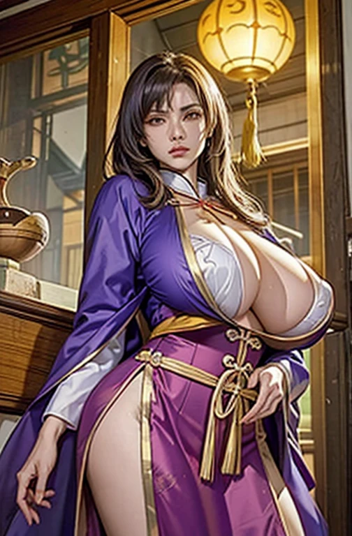 A woman，Breasts larger than torso。Competent female boss。Taoist robe。peach wood sword。yellow talisman。Zombie Taoist Priest。Purple-robed Heavenly Master。Yellow robe。