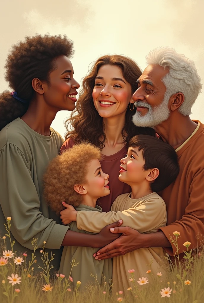 Drawing of people of different races young people children and old people loving each other as Christ said