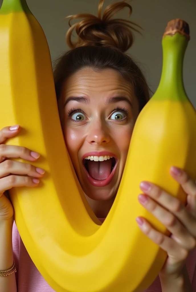 a visibly surprised and delighted woman, holding a giant banana with one hand. Your eyes are wide open, expressing a mixture of shock and admiration, when he brings a banana close to his face. His hands rest gently on the banana.., and his mouth is half open, adding to his expression of surprise. The scene captured the moment, when she detects the presence of a giant banana and reacts to it., radiating charm and admiration