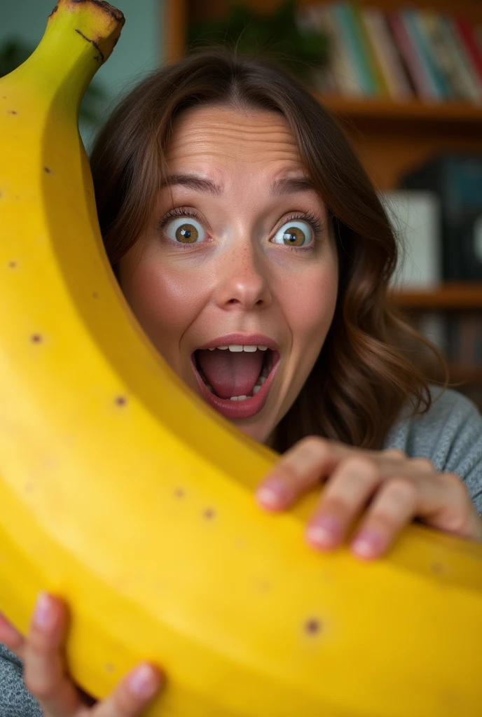 a visibly surprised and delighted woman, holding a giant banana with one hand. Your eyes are wide open, expressing a mixture of shock and admiration, when he brings a banana close to his face. His hands rest gently on the banana.., and his mouth is half open, adding to his expression of surprise. The scene captured the moment, when she detects the presence of a giant banana and reacts to it., radiating charm and admiration