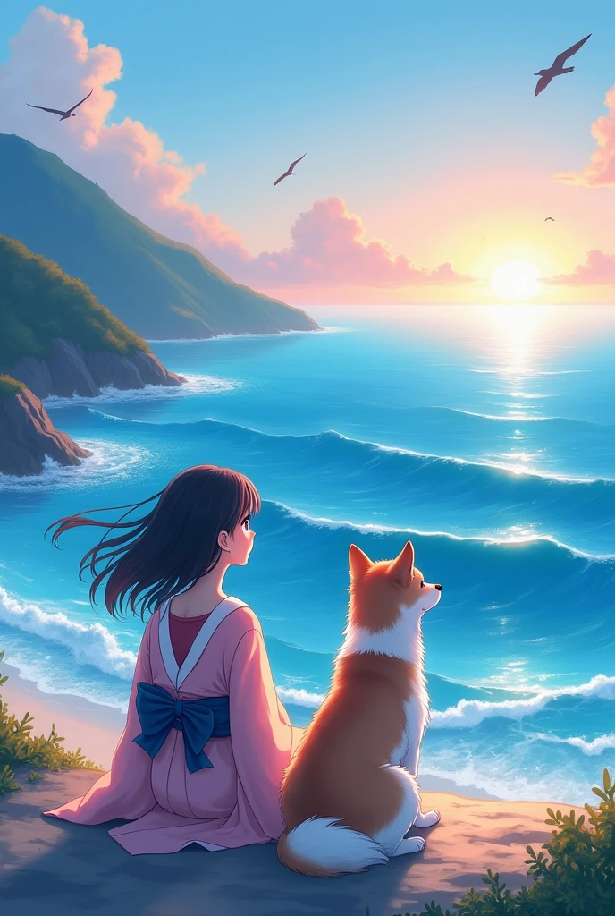 Anime animation looking at the sea with her dog companion