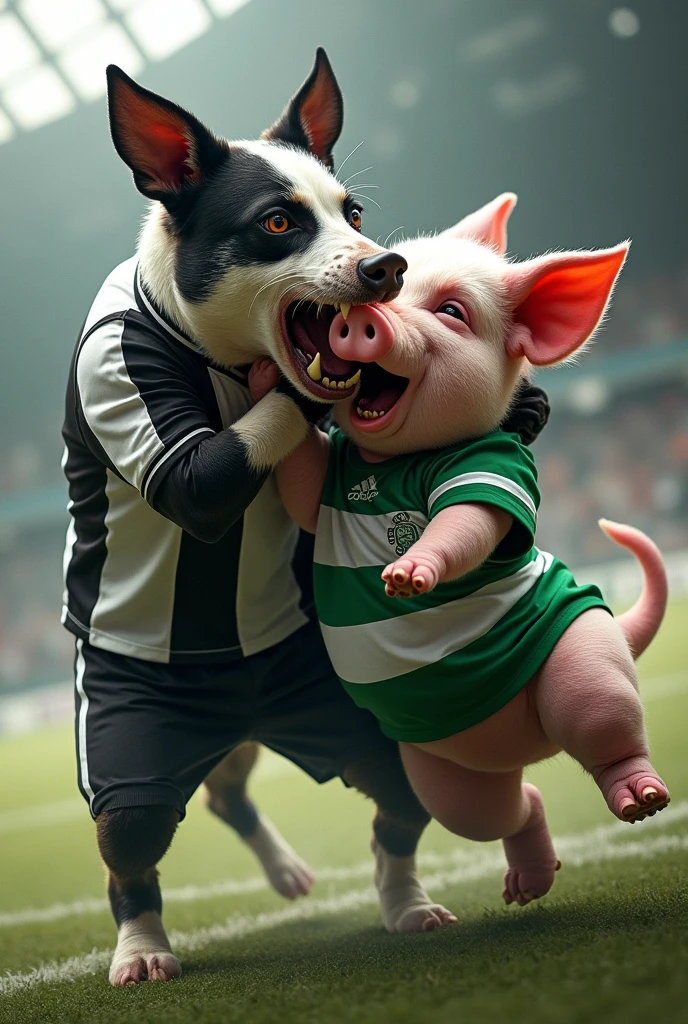 Bira the dog in the black and white Botafogo uniform strangling the pig in the Palmeiras team uniform
