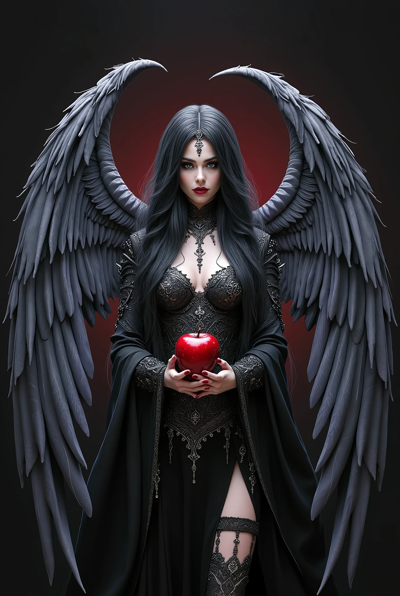 A dark and beautiful woman with long black hair, dressed as a witch queen with intricate accessories, holding a poisonous red apple, (best quality,4k,8k,highres,masterpiece:1.2),ultra-detailed,(realistic,photorealistic,photo-realistic:1.37),detailed eyes,detailed lips,extremely detailed face,longeyelashes,dark fantasy,gothic,dramatic lighting,dramatic pose,chiaroscuro,rich colors,deep red,deep purple,black and red