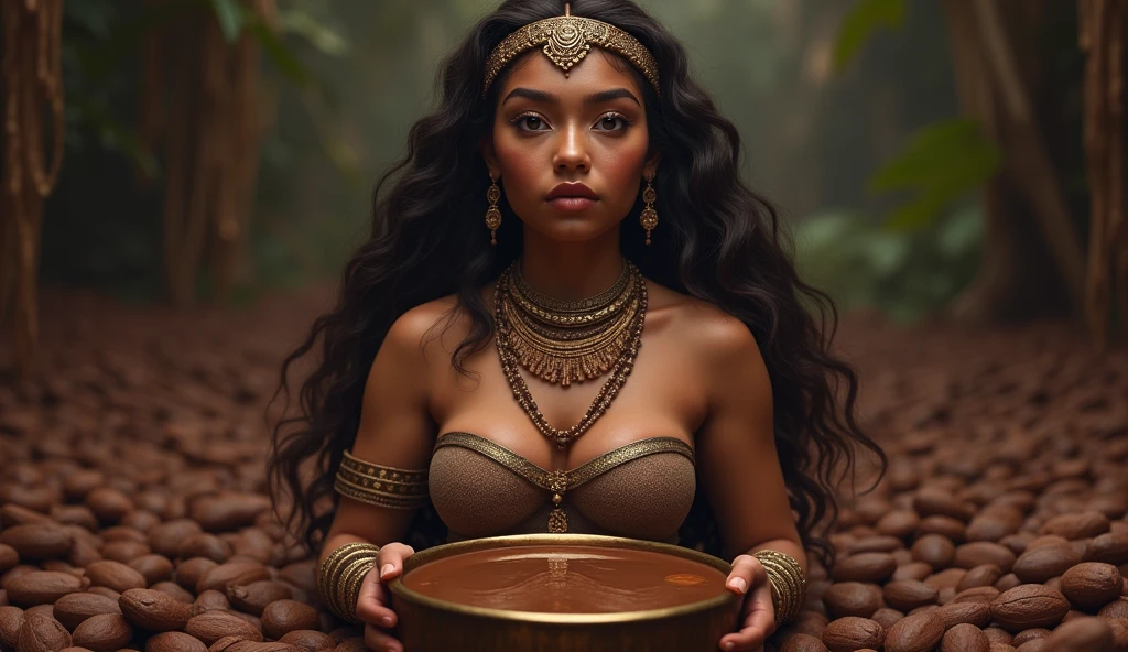 ultra-realistic Mayan goddess IXCACAO light brown and fuller skin, soft long wavy hair, Mayan accessories around the neck holding a bronze bowl with melted cocoa inside, dark-skinned goddess with full breasts resembling the cocoa fruit, chocolate goddess, of fertility, of abundance and agriculture. Ao fundo, convey depth, cocoa beans and melted cocoa, convey depth