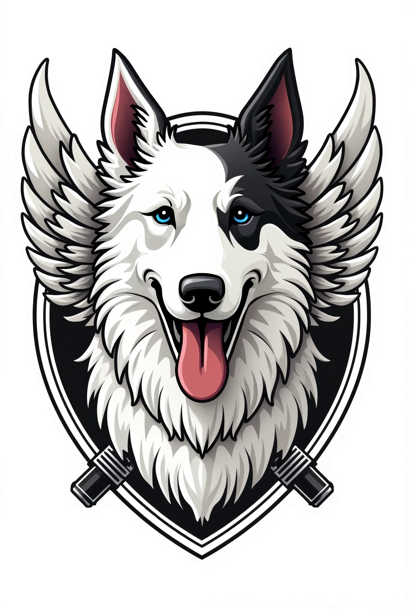 I need a coat of arms for a motorcycle club with a white border colie dog with a black left ear and a badge in the middle but only his bust, with small wings coming out from behind him on the sides, and two crossed pistons coming out of the bottom of the dog's head