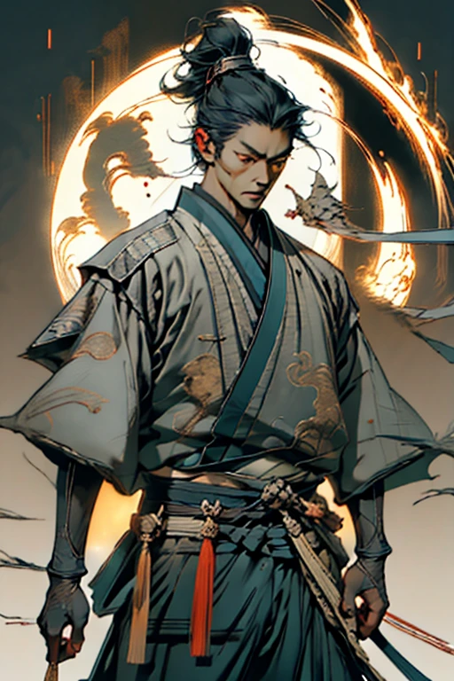 A guy with sword and wolf in front of full moon, samurai, concept art by Yang J, fantasy art, alena aenami and artgerm, artgerm and atey ghailan, by ruan jia and stanley artgerm, artgerm and ruan jia, ross tran 8 k, ross tran and wlop, Cosmology, detail, autofocus