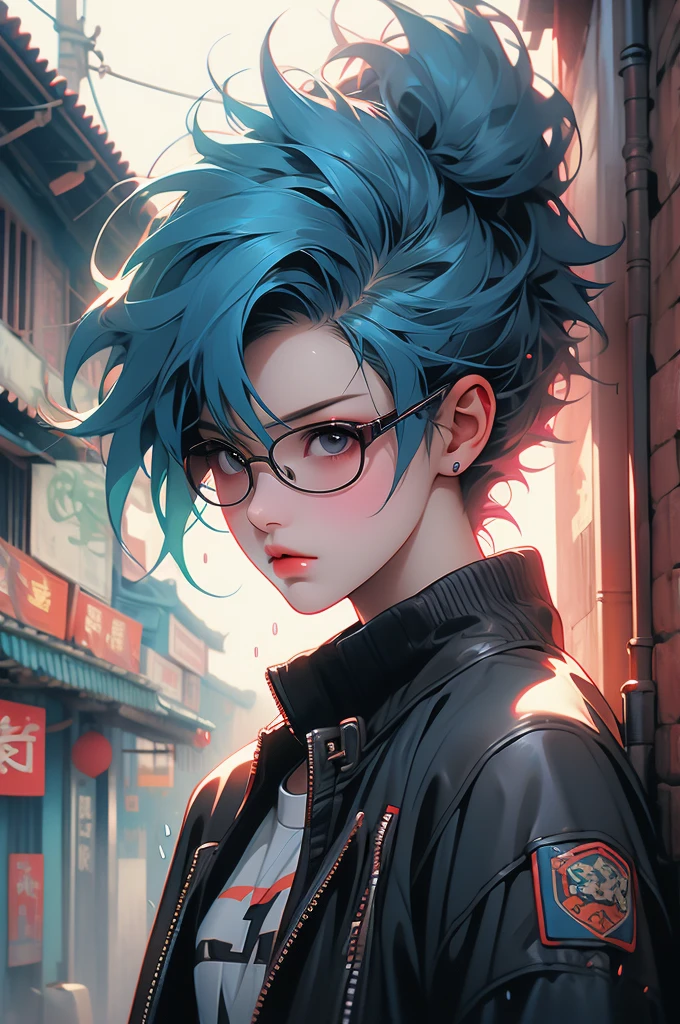 1girl, Chinese, punk,cyberpunk, rain city, china town, leather jacket, rainbow color hair, leaning against a wall