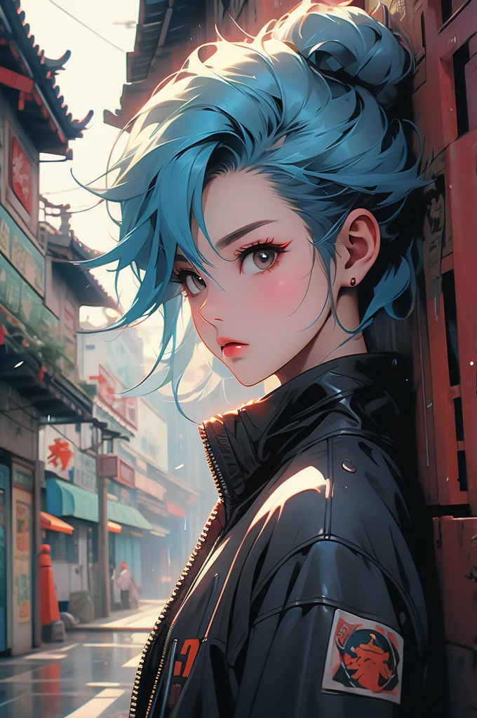 1girl, Chinese, punk,cyberpunk, rain city, china town, leather jacket, rainbow color hair, leaning against a wall