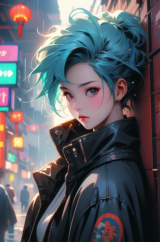 1girl, Chinese, punk,cyberpunk, rain city, china town, leather jacket, rainbow color hair, leaning against a wall