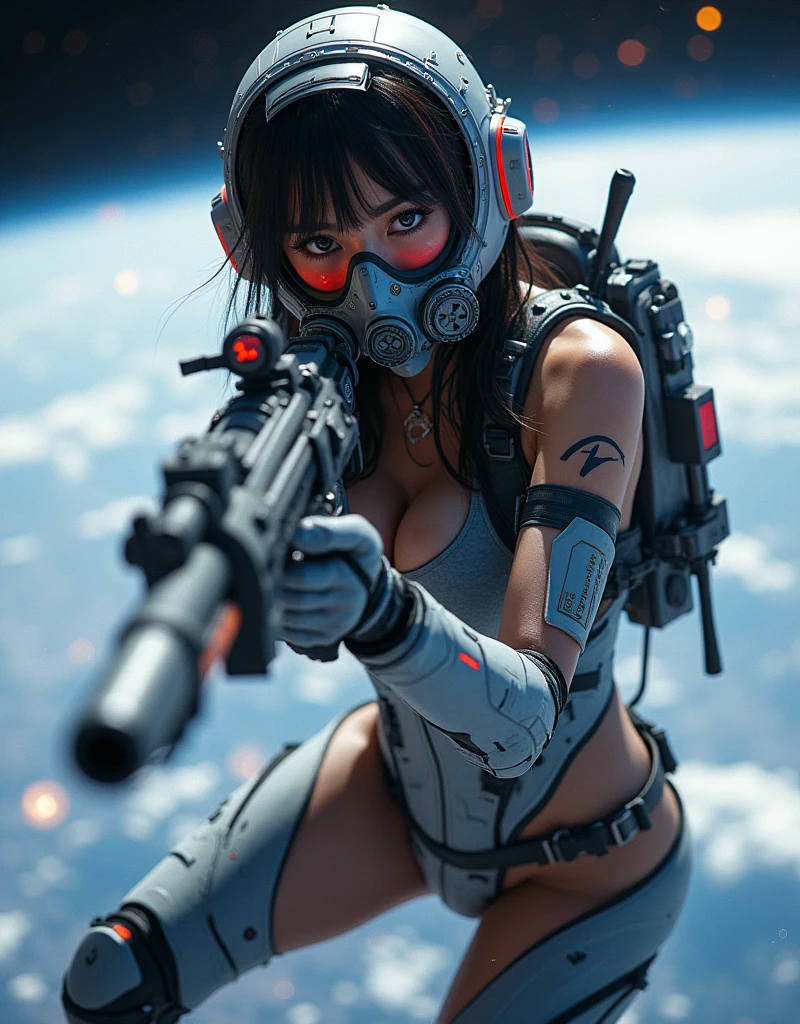 photo-realistic, ultra-realistic, very beautiful Japanese, famous Japanese idol but the strongest soldier in the world, 20 years old, dramatic scene, masterpiece, beautiful eyes, (extremely intricated with extremely complex cyber punk mecha armored full-face gas mask:1.5), (wearing cyber punk mecha-suits for space soldiers with neon marker:1.5), (She uses the ultra high power rocket engine thruster on her back to flying high speed in the space:1.5), amazing view of the earth, smile, acrobatic pose, dynamic angle, (aim and shoot:1.3), spectacular and intense aerial battles in space, Nimble movements, Sharp turns, (very large breasts), (Fully equipped for battle:1.3), (holding m4a1 large assault rifle:1.2), zero gravity, very wide shot